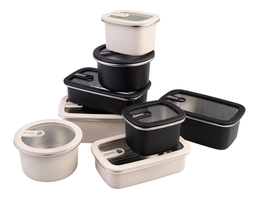 Oasis Microwave Safe Rectangular S/S Container 500ml - Stacked rectangular containers in black and cream, featuring clear lids and a brand logo.
