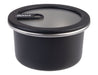 Oasis Microwave Safe Round S/S Container 680ml - A round black stainless steel container with a clear lid, featuring a logo. Capacity of 680ml.