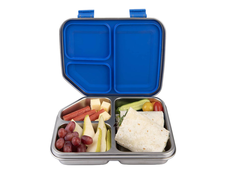 Oasis S/S 3 Compartment Bento Lunch Box 1200ml - A stainless steel bento lunch box with a blue lid, featuring three compartments filled with fruit, vegetables, and a wrap.