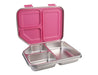 Oasis S/S 3 Compartment Bento Lunch Box 1200ml - A bento lunch box with a metallic silver body and a pink lid, featuring three compartments inside.