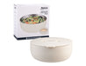 Oasis 950ml Insulated Fresh'N'Go Lunch Bowl - A lunch bowl in cream colour with a lid, accompanied by a box. It features a logo and contains salad.