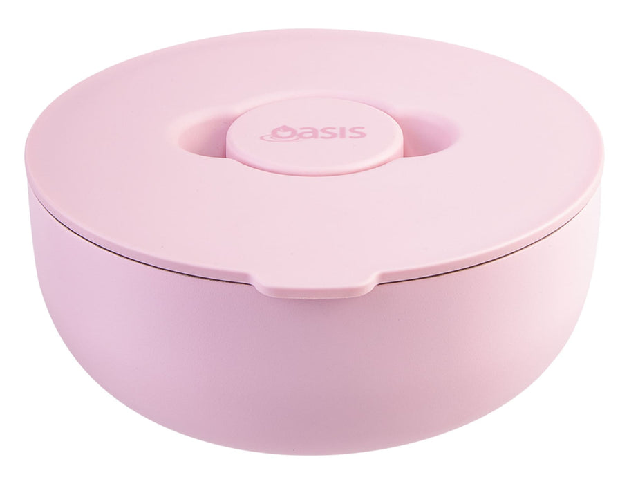 Oasis 950ml Insulated Fresh'N'Go Lunch Bowl - A pink insulated lunch bowl with a lid, featuring a circular design and a logo on the top.