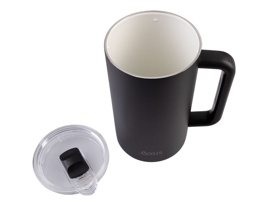 Oasis Ceramic Lined 1.5L Triple Insulated Water Pitcher - A drink bottle featuring a matte black exterior, a ceramic lined interior, and a clear lid with a handle.
