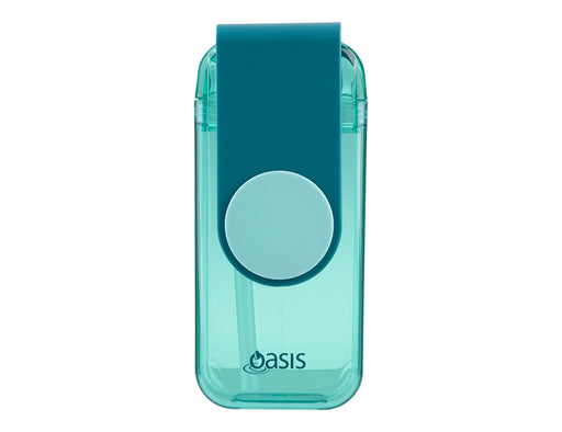 Oasis 300ml Kid's Tritan Juice Box - A drink bottle featuring a teal body with a blue lid and a straw, complete with a logo.