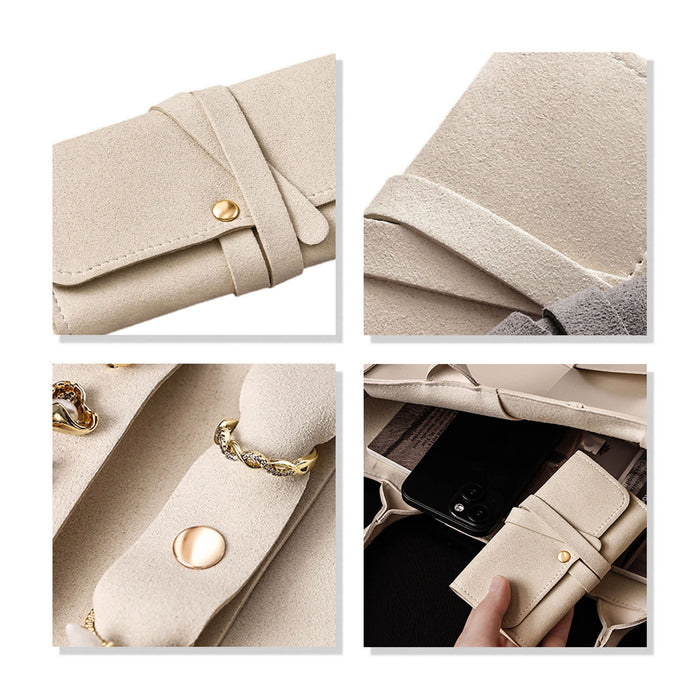 Synthetic Leather Jewellery Bag - A synthetic leather jewellery bag in beige, featuring a secure fastening and internal pockets for organisation.