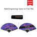 8inch Bamboo Fabric Hand Fan - A bamboo hand fan featuring a mix of purple and black with creative graphic design. It includes a branding logo.