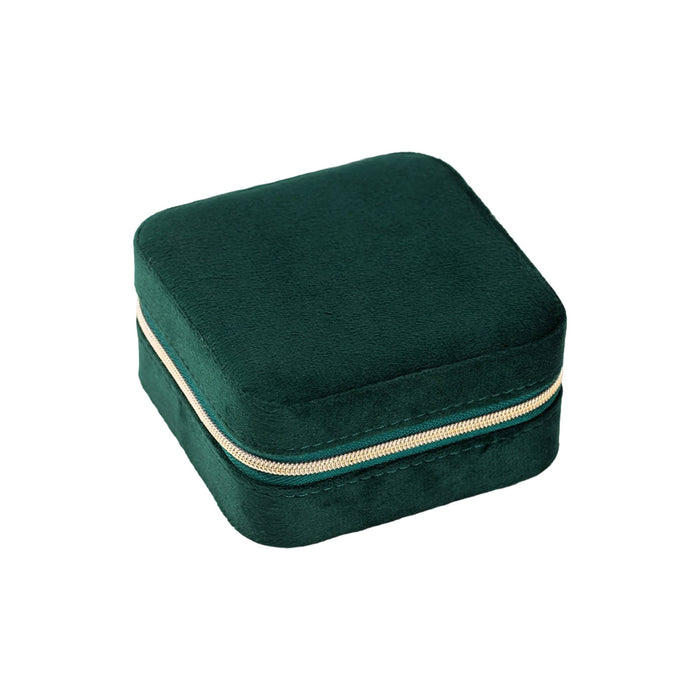 Velvet Jewellery Organizer - A square, deep green velvet jewellery organiser with a gold zipper. It has a soft texture and compact design.