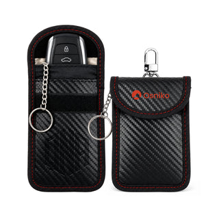 Carbon Fibre Faraday Key Pouch - A black carbon fibre key pouch with red stitching, featuring a clip and keyring attachment, and a branded logo.