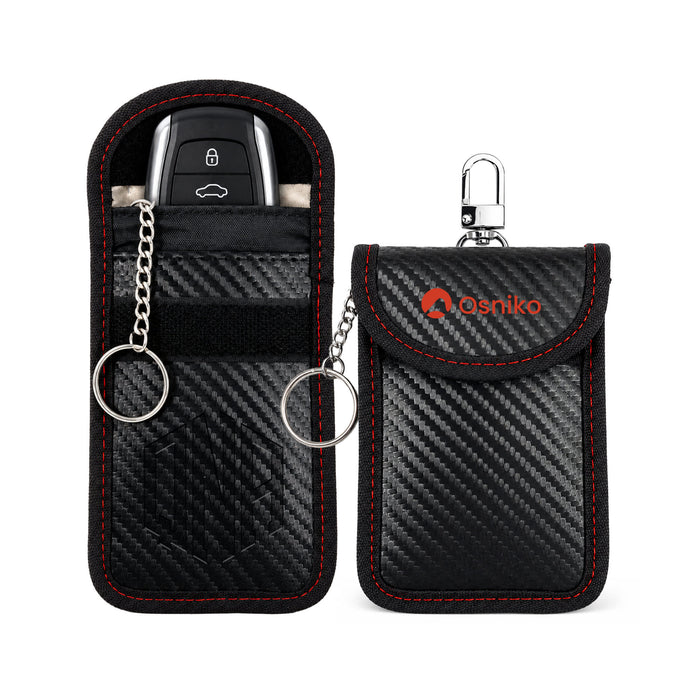 Carbon Fibre Faraday Key Pouch - A black carbon fibre key pouch with red stitching, featuring a clip and keyring attachment, and a branded logo.
