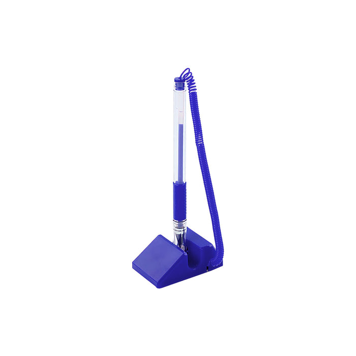 Counter Fixed Signature Pen A - A blue pen with a spiral coil attached, positioned in a triangular base on a white background.