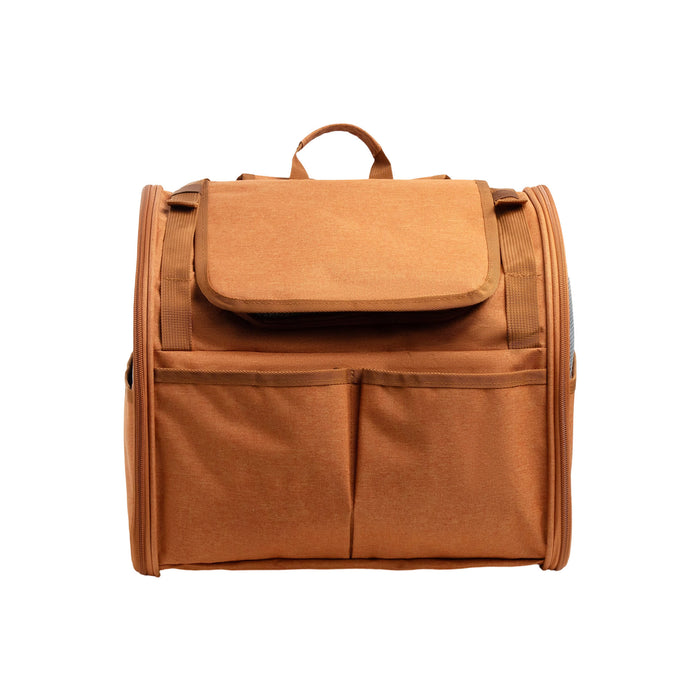 Pet Backpack Carrier with Expandable Design - A pet backpack carrier in a warm brown colour featuring an expandable design and multiple front pockets.