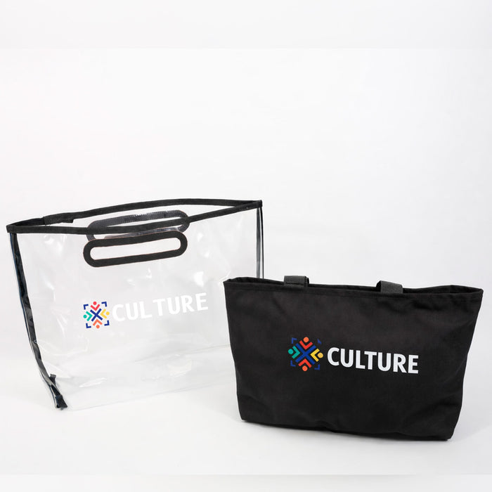 Tote Bag With Detachable PVC Cover - A black tote bag with handles next to a transparent PVC cover, both featuring a logo.