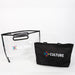 Tote Bag With Detachable PVC Cover - A black tote bag with handles next to a transparent PVC cover, both featuring a logo.