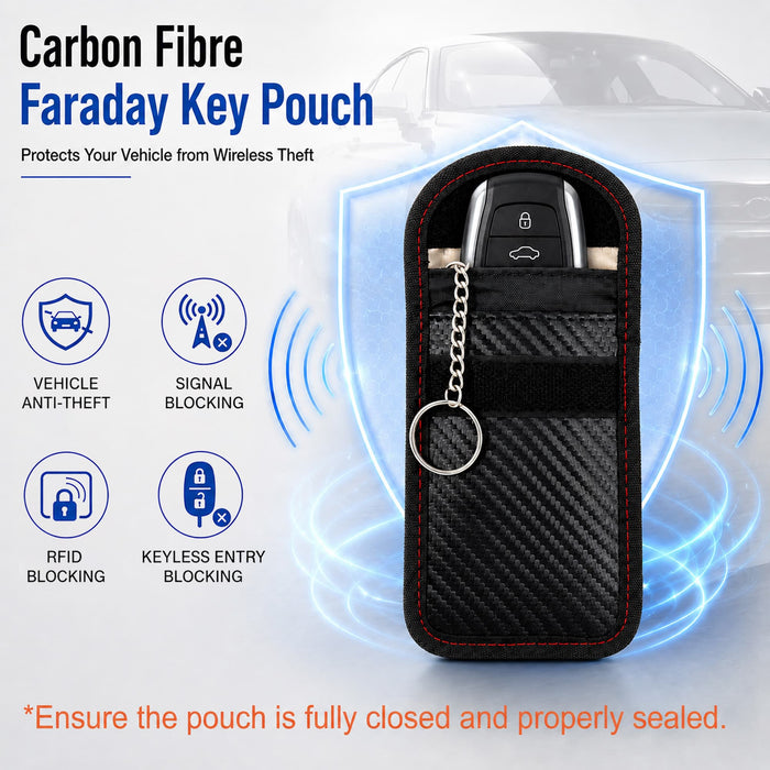 Carbon Fibre Faraday Key Pouch - A carbon fibre pouch for keys featuring a black design with red stitching and a key ring. Includes a logo.