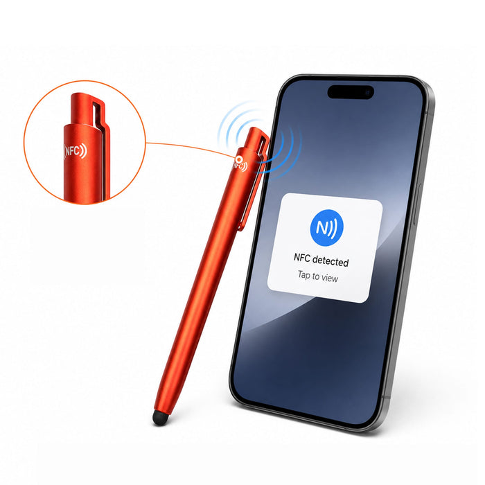 NFC Touchscreen Ballpoint Pen - A sleek red ballpoint pen with NFC capabilities stands next to a smartphone displaying an NFC detection screen.