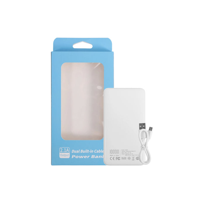 10000mAh Slim  Power Bank with Charging Cable - A white 10000mAh slim power bank with a charging cable, packaged in a blue and clear box.