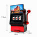 777 Slot Machine Fridge Magnet with Sharpener - A red and black fridge magnet resembles a slot machine, featuring three spinning reels with sevens and a decorative building image.
