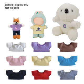 Plush Doll Basic T-Shirt - A collection of basic T-shirts in various colours for plush dolls, displayed alongside three plush dolls wearing T-shirts.