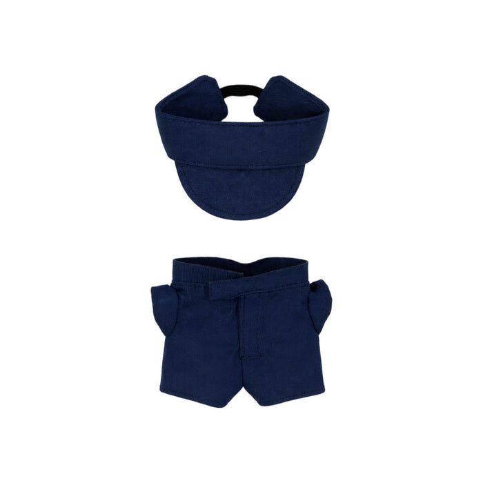 Plush Doll Racing Suit Set (10cm Doll) - A plush doll racing suit set featuring a navy cap and matching shorts. The set includes a cap with a logo.