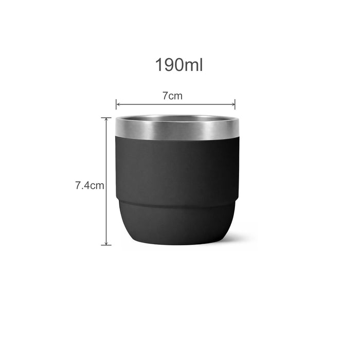 Stackable Stainless Steel Tumbler - A drink bottle in black with a stainless steel rim, featuring dimensions of 7 cm in diameter and 7.4 cm in height.