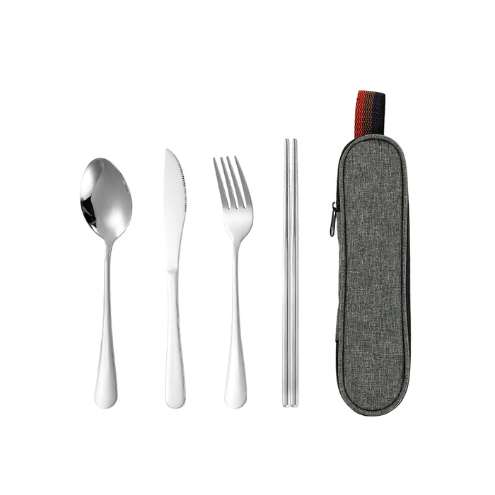 Travel Cutlery Set 4pcs - A travel cutlery set in silver, featuring a spoon, knife, fork, and chopsticks, housed in a grey case with a logo.