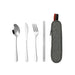 Travel Cutlery Set 4pcs - A travel cutlery set in silver, featuring a spoon, knife, fork, and chopsticks, housed in a grey case with a logo.