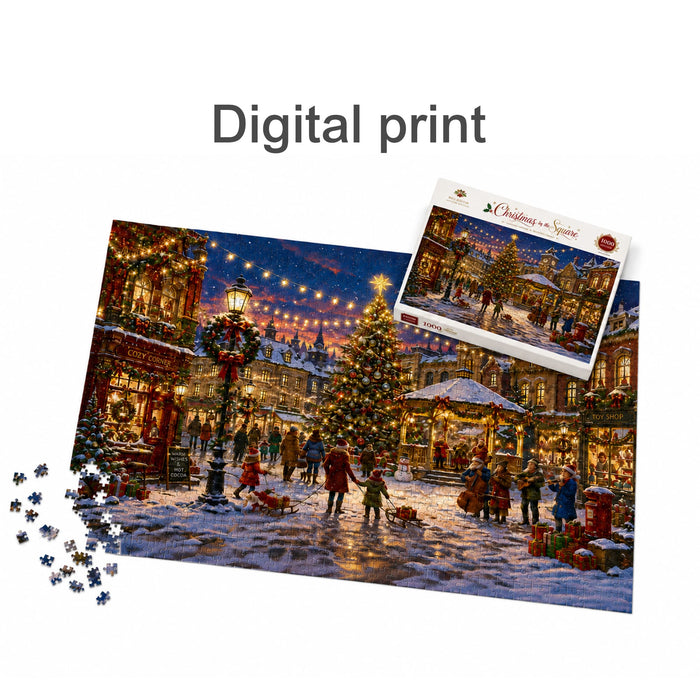 Custom Gift Box Jigsaw Puzzle - A jigsaw puzzle displaying a festive Christmas scene with a decorated tree and holiday lights, featuring an accompanying box.