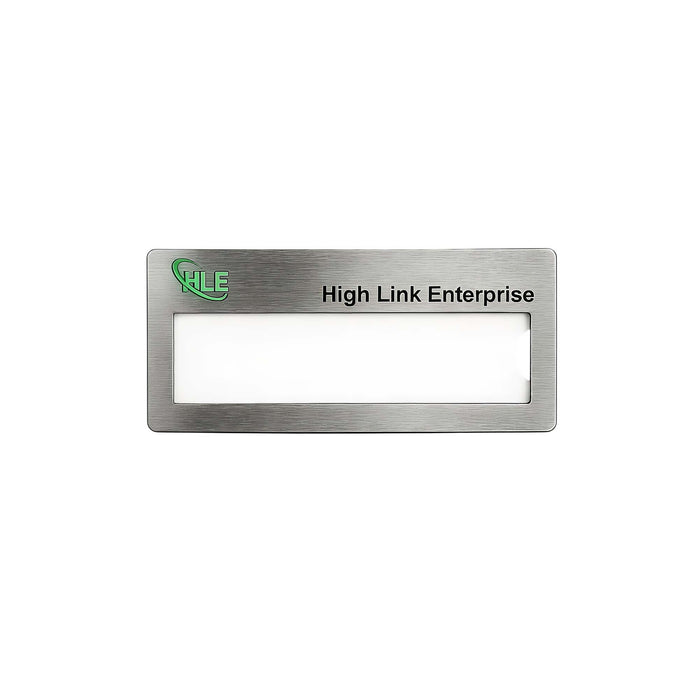 Reusable Metal Name Badge - A silver metal name badge with a blank area for a name and a logo in one corner.