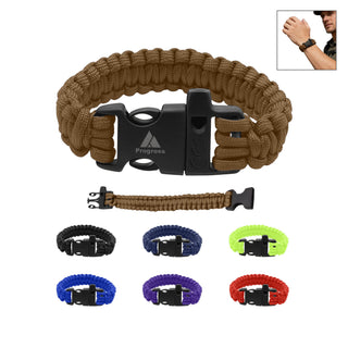 Paracord Bracelet With Whistle - A paracord bracelet in brown with a whistle and a black clasp, displayed alongside various colour options.