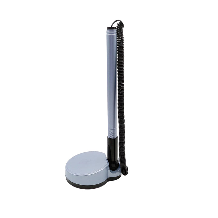 Counter Fixed Signature Pen D - A fixed signature pen with a silver barrel and a black base, featuring a coiled cord attached to the top.