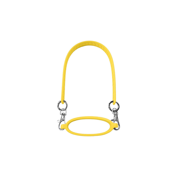 Silicone Cup Carry Strap - A drink bottle carrying strap in bright yellow silicone with metal clips on each end.