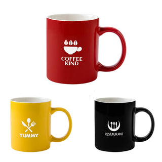 Laser Engraving Ceramic Mug - A set of three ceramic mugs in red, yellow, and black, each with a different design and logo.