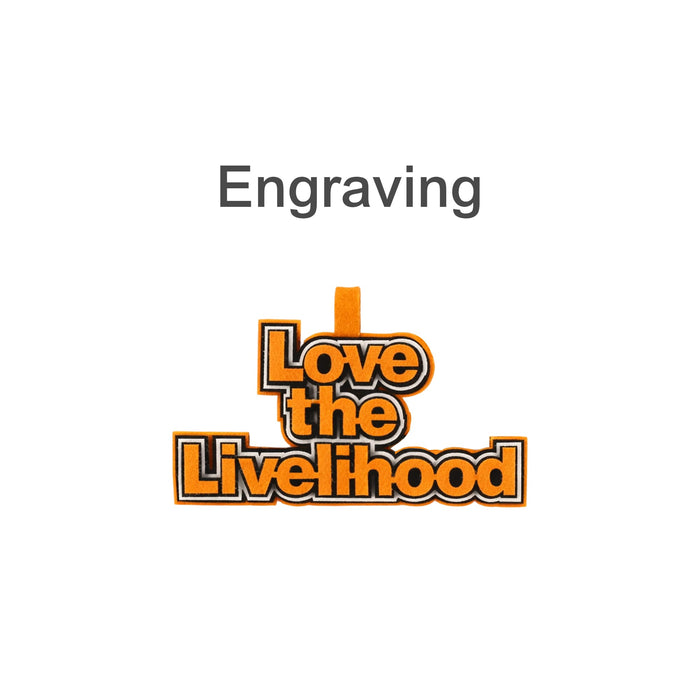 Custom Felt Logo Hanging Tag - A custom felt logo hanging tag in orange and black, featuring bold text and a loop for attachment.