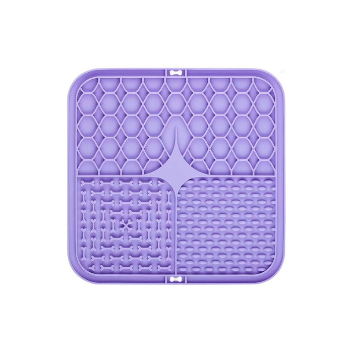 3-Section Dog Enrichment Lick Mat - A purple 3-section dog enrichment lick mat featuring various textured areas including honeycomb and bone patterns.