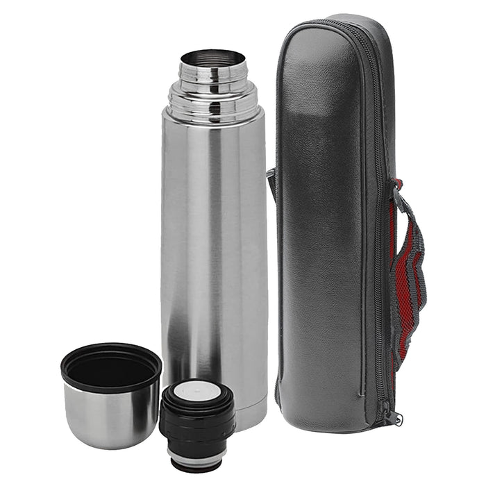 Bullet Flask Silver 750ml - A drink bottle in silver with a black screw cap, accompanied by a cup and a zippered carry case.