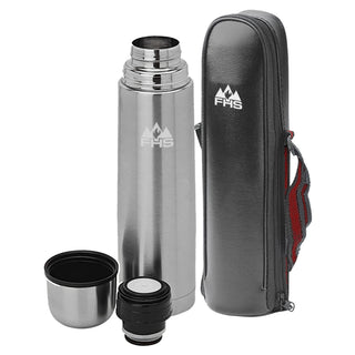 Bullet Flask Silver 750ml - A drink bottle in silver with a stainless steel design, featuring a carrying case and two removable lids.