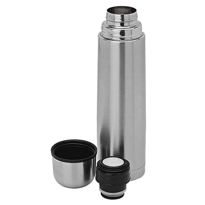 Bullet Flask Silver 750ml - A drink bottle in silver with a removable lid and cup, made of stainless steel. Features a logo on the side.