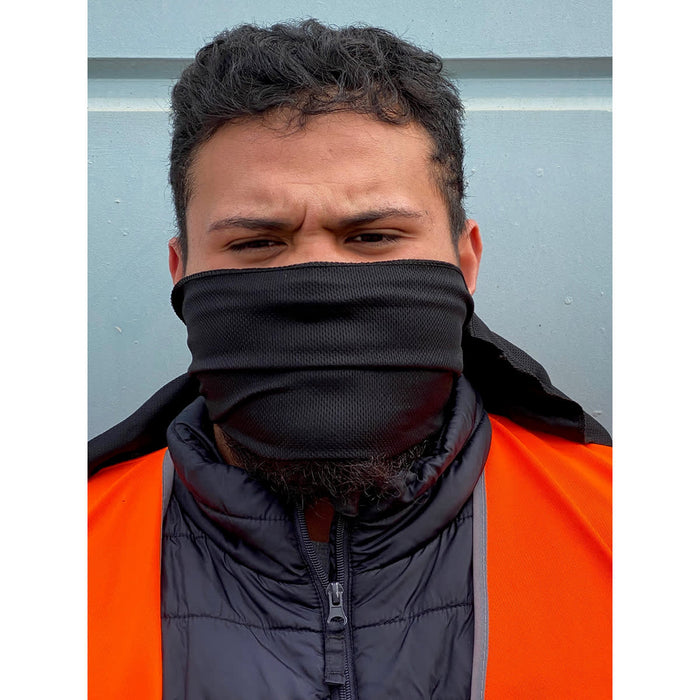 Cooling Towel - A black cooling towel is worn as a face covering by a person in an orange vest, standing against a blue background.