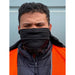 Cooling Towel - A black cooling towel is worn as a face covering by a person in an orange vest, standing against a blue background.