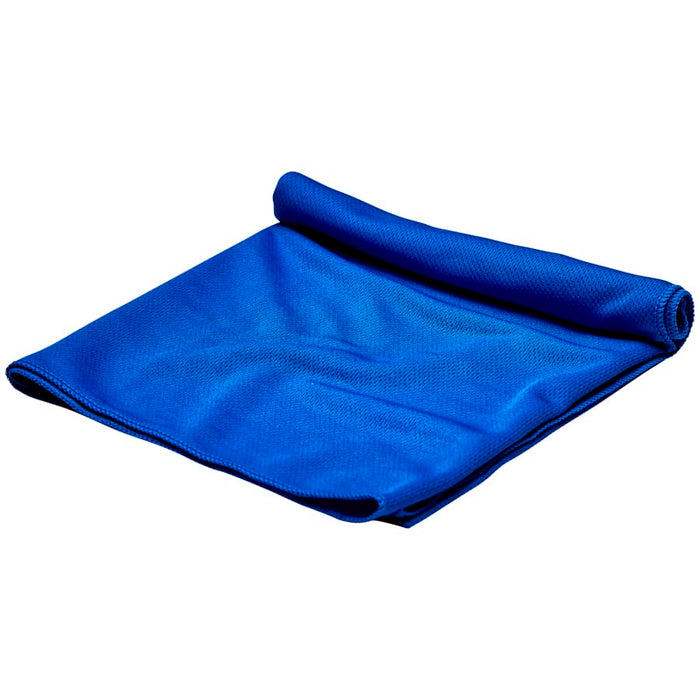 Cooling Towel - A blue cooling towel neatly rolled up, featuring a textured surface and a logo on one end.