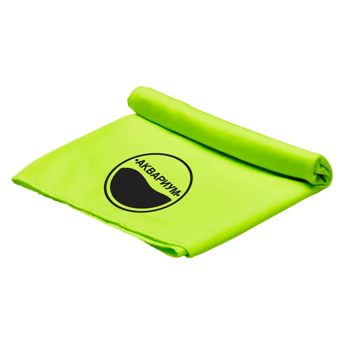 Cooling Towel - A bright green cooling towel, featuring a logo, neatly rolled up.