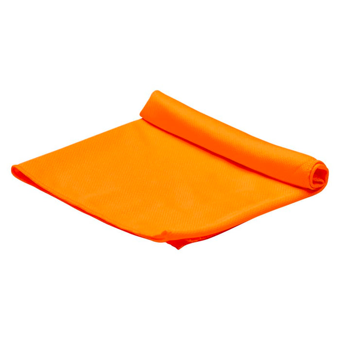 Cooling Towel - An orange cooling towel is rolled up, featuring a textured surface. It includes a logo.