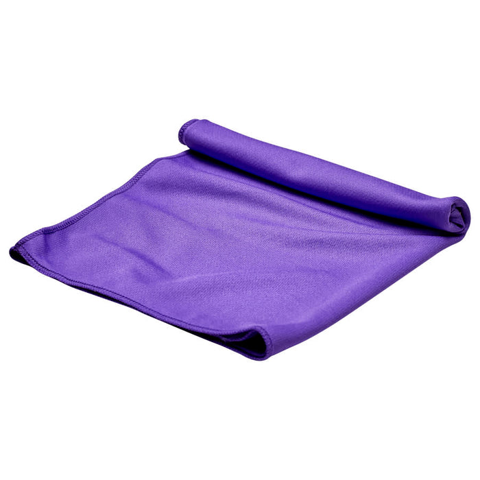 Cooling Towel - A purple cooling towel folded neatly, featuring a soft texture and a rolled edge. It has a logo on one side.