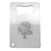 Stainless Credit Card Bottle Opener - A stainless steel credit card bottle opener featuring a decorative engraving and a circular cutout for attaching a keyring.
