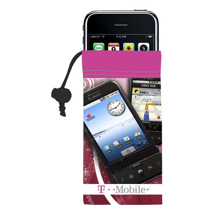 Micro Fibre Camera/Mobile Phone Pouch - A pink microfibre pouch designed for mobile phones, featuring a drawstring closure.