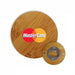 Round Bamboo Bottle Opener - A round bamboo bottle opener featuring a metal opener and a logo on the bamboo surface.