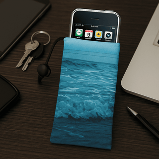 Micro Fibre Camera/Mobile Phone Pouch - A turquoise microfibre pouch with a wave design, housing a mobile phone, alongside keys and stationery on a desk.