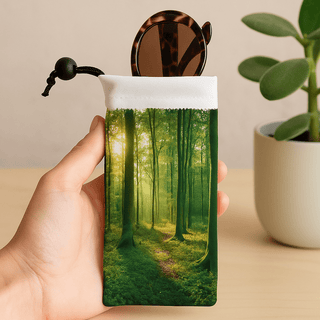 Micro Fibre Sunglass Pouch - A green micro fibre sunglass pouch with a forest design, holding a pair of sunglasses, featuring a drawstring.