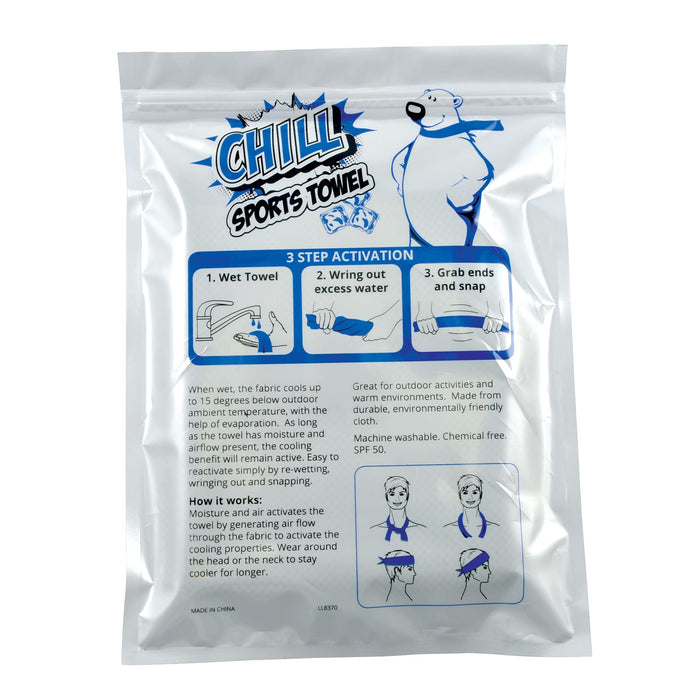 The Game Day Pack - A cooling towel in a pouch featuring a blue and white design, with instructions for use and a logo present.