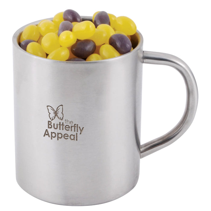 Corporate Colour Mini Jelly Beans in Java Mug - A stainless steel mug filled with yellow and purple jelly beans, featuring a logo for the Butterfly Appeal.